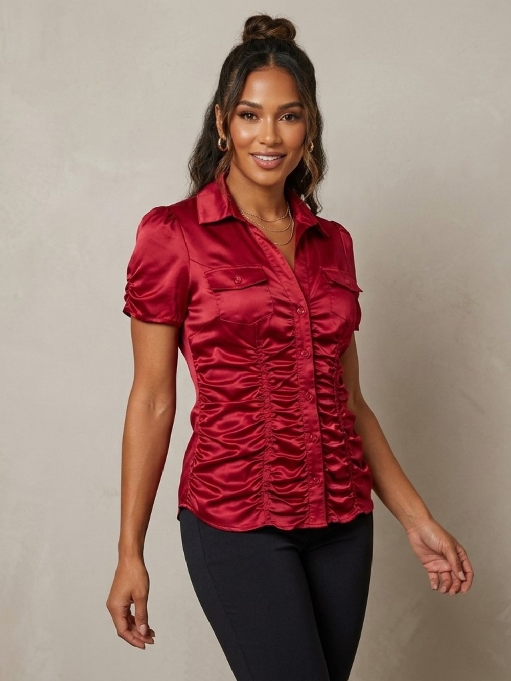 Satin Ruched Button-Front Blouse in Wine.     My Michelle